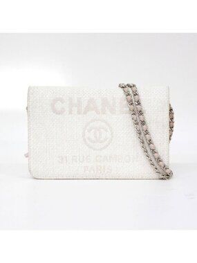Chanel Deauville Chain Wallet Leather Straw Light Pink Shoulder Bag Silver